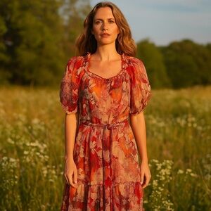 American Rag Smocked Autumn Leaf Milkmaid Belted Chiffon Midi Dress Womens 3XL